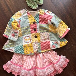 Patchwork Quilted Girls' Jacket with Pink Striped Skirt
